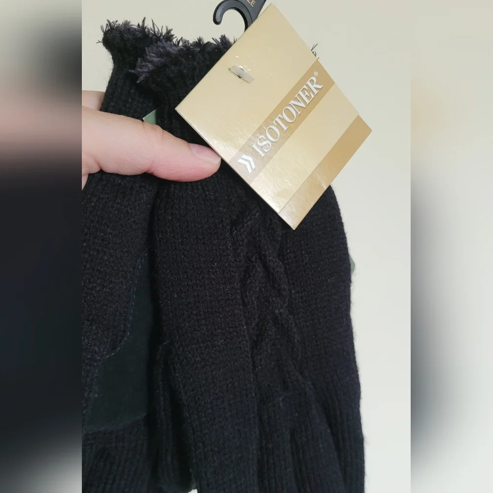 Isotoner Classic Black Cable Knit Gloves with Micro Luxe Lining, One Size.